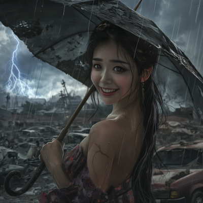 Chinese Woman with Umbrella in Stormy Sky