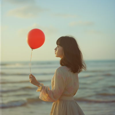Woman with Red Balloon at the Beach