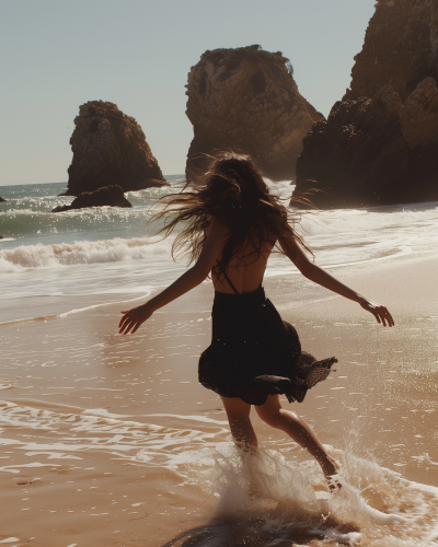 Girl Dancing at Beach in Portugal