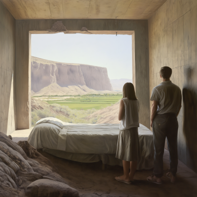 Family in Small Bedroom with Rural View