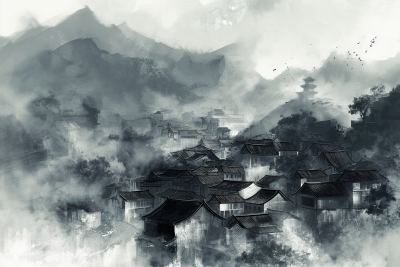 Chinese Ink Painting of Ancient Village