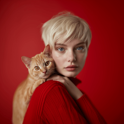 Blonde Pixie with Cat on Red Background
