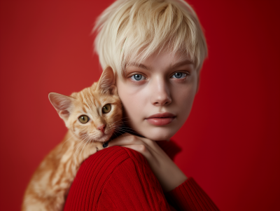 Blonde Pixie with Cat on Red Background