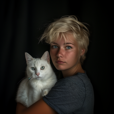 Blonde pixie with white cat