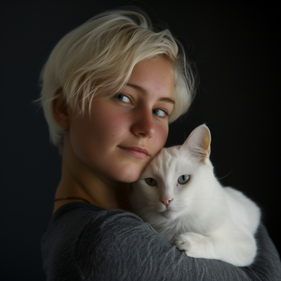 Blonde Pixie with White Cat