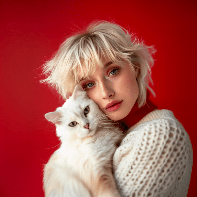 Blonde Pixie with White Cat