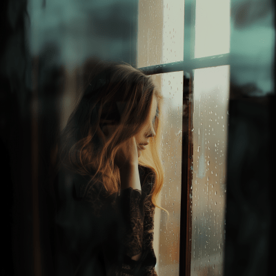 Blonde girl looking through raindrops on window