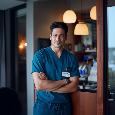 Handsome Male Muscle Dentist in Scrubs