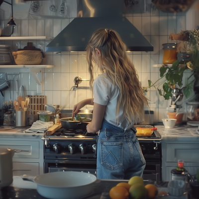 Blonde woman cooking in kitchen