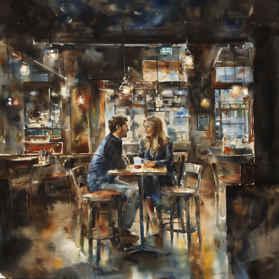 Happy Young Couple in Dark Brown Cafe