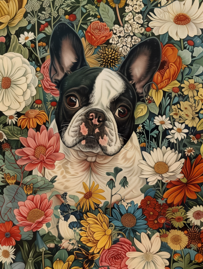 French Bulldogs in a Field of Flowers