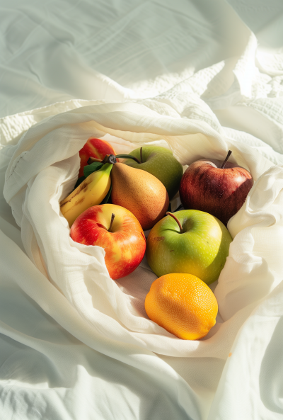 Fruit Filled Cloth Bag on White Background