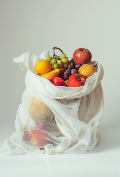 Fruit-filled white cloth bag on white background in the style of infinity nets