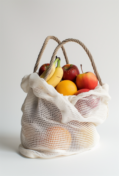 Fruit-filled Cloth Bag on White Background