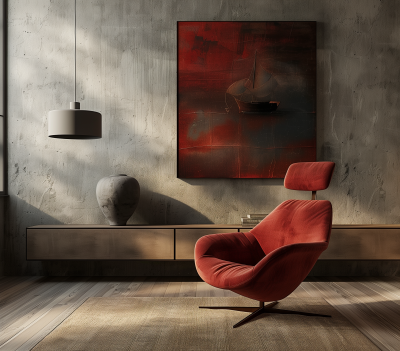 Modern Living Room with Red Chair and Wall Art