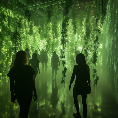 People interacting with green lianas in a surreal room