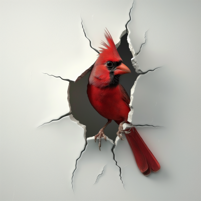 3D Cardinal Bird Emerging from White Wall