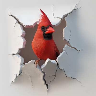 Cardinal Bird breaking through white wall