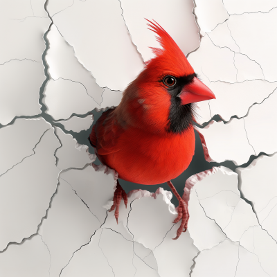 3D Cardinal Bird Emerging from Wall