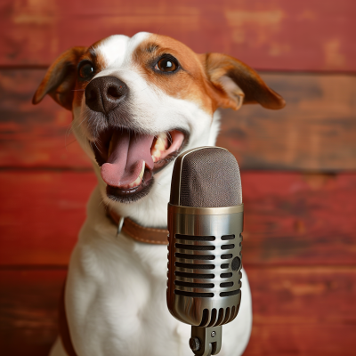 Dog speaking into microphone