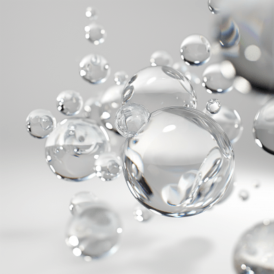 Floating transparent crystal balls on white background