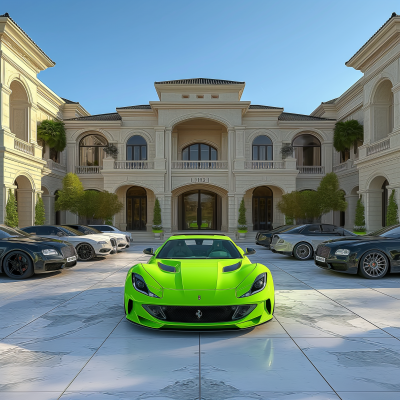 Luxury Green Car in Front of Mansion