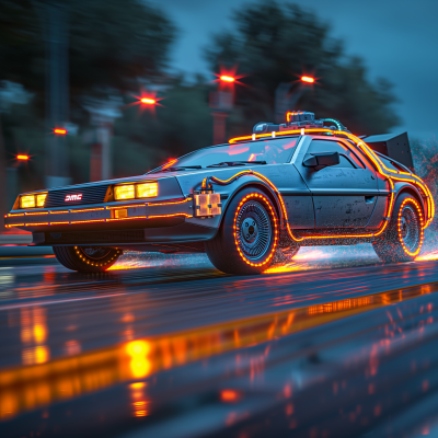 Vibrant Neon Highway Scene with DeLorean