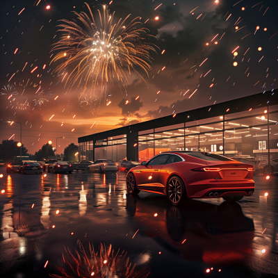 Orange Fireworks and Modern Sedan at Used Car Dealership