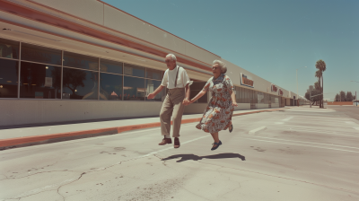 Levitating Couple in Vintage Strip Mall