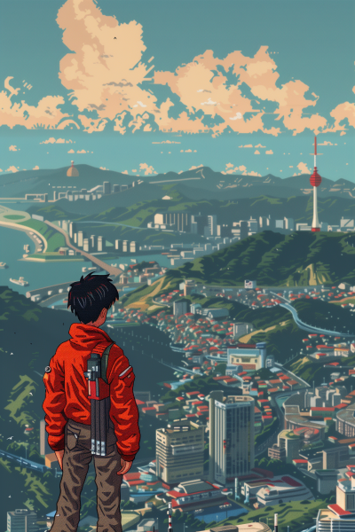 Kaneda overlooking Korea in 16-bit pixel art
