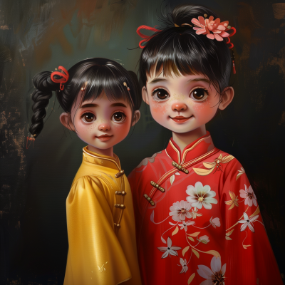 Cute Little Girl in Red Traditional Chinese Dress