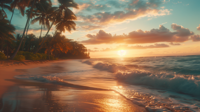 Tropical Beach Sunset with Coconut Trees