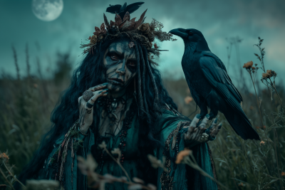 Dark Magical Female Crone with Raven