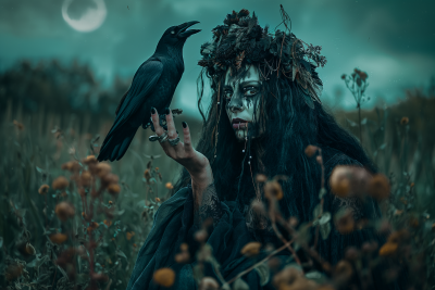 Dark and Magical Crone with Raven and Crown