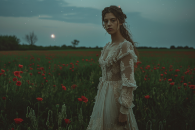 Victorian Bride in Dark Poppy Field