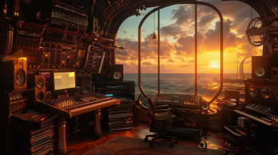 Steampunk Music Studio with Ocean Sunset
