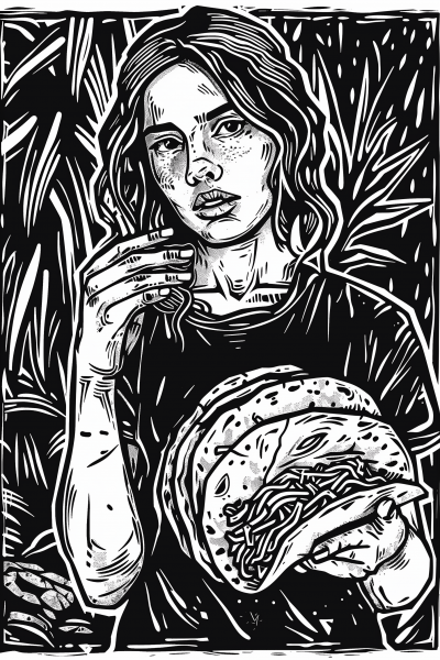 Teenage Girl with Taco in Linocut Style