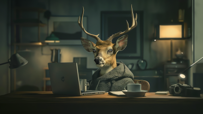 Confused Deer at Desk with Laptop