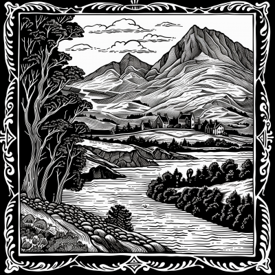 Medieval Manuscript Illustration of Scottish Highlands