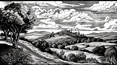 Medieval Highland Landscape Woodcut Illustration