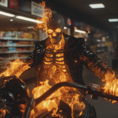 Burning skeleton on motorcycle in grocery store