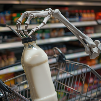 Skeleton Hand Putting Gallon of Milk into Grocery Cart