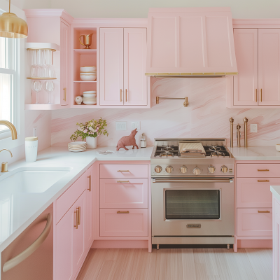 Pink Kitchen with Gold Appliances