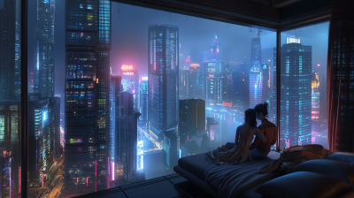 Cyberpunk Waterfront View from a Cozy Jung Bedroom