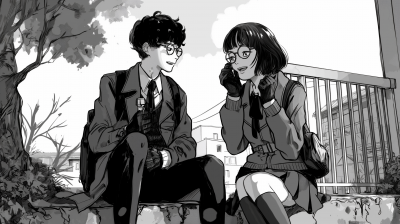 Highschool Boy and Woman in Japanese Manga Style