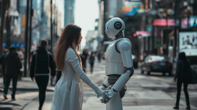 Man walking with Sophia robot woman in the city
