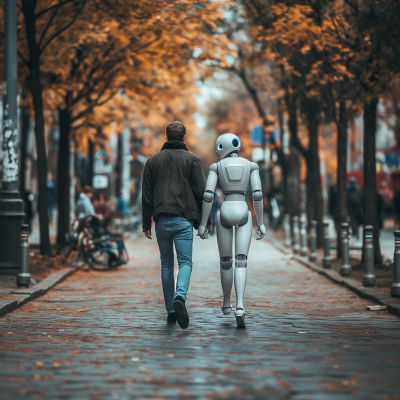 Man walking with Sophia robot woman in the city