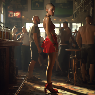 Androgynous Woman in Red Outfit in Pub