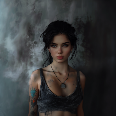 Dark-haired Woman with Aesthetic Grey Misty Background