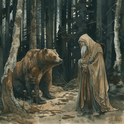 Druid and bear in dark forest